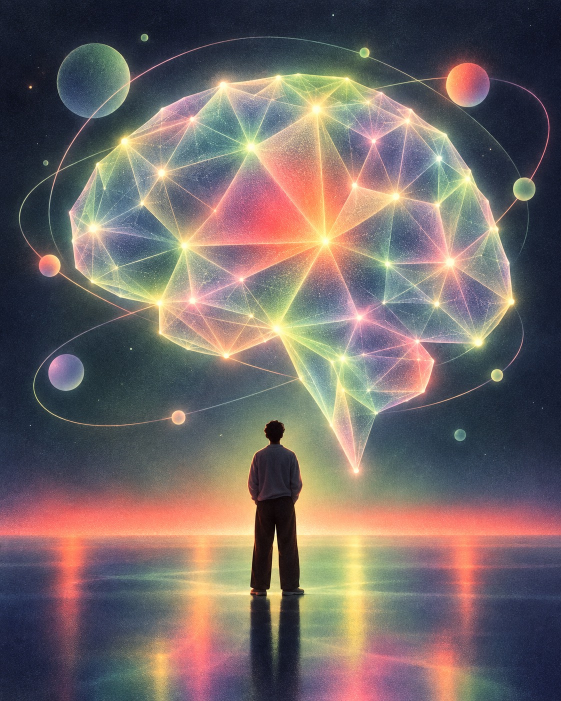Illustrazione simbolica di una persona di fronte a una rete neurale luminosa a forma di cervello, che rappresenta le diverse modalità in cui le persone imparano
