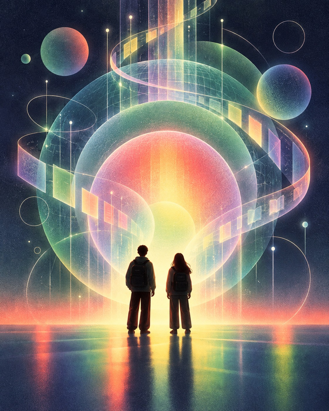 Illustrazione di due studenti che osservano un percorso luminoso di conoscenza e opportunità future