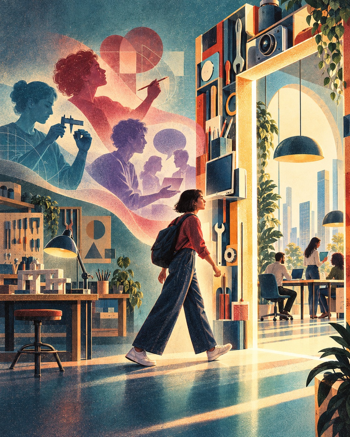 Illustrazione di una studentessa che attraversa la soglia tra il laboratorio di formazione e l'ambiente professionale