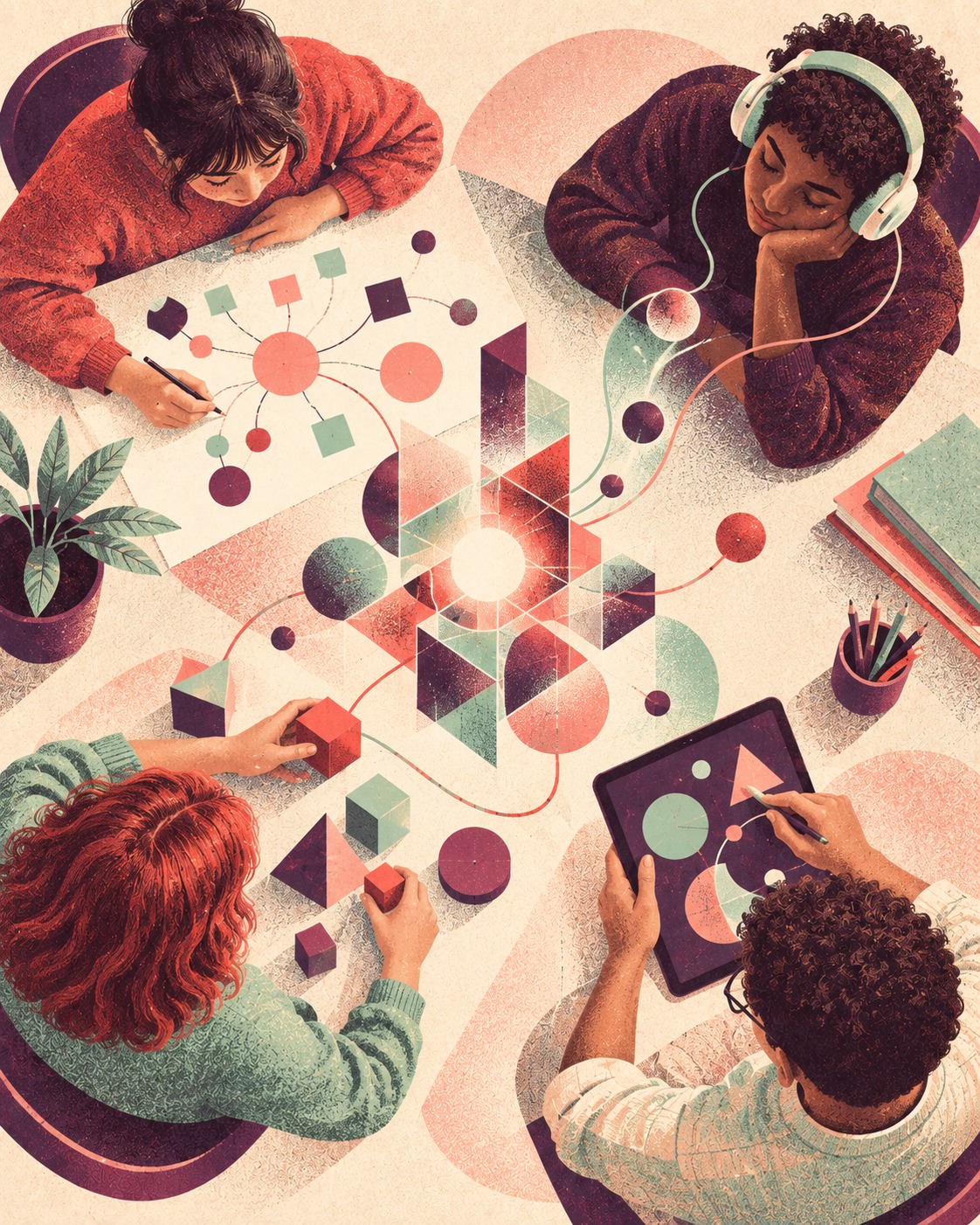 Illustrazione di un gruppo di persone che affronta lo stesso tema attraverso modalità diverse: visiva, uditiva, pratica e digitale