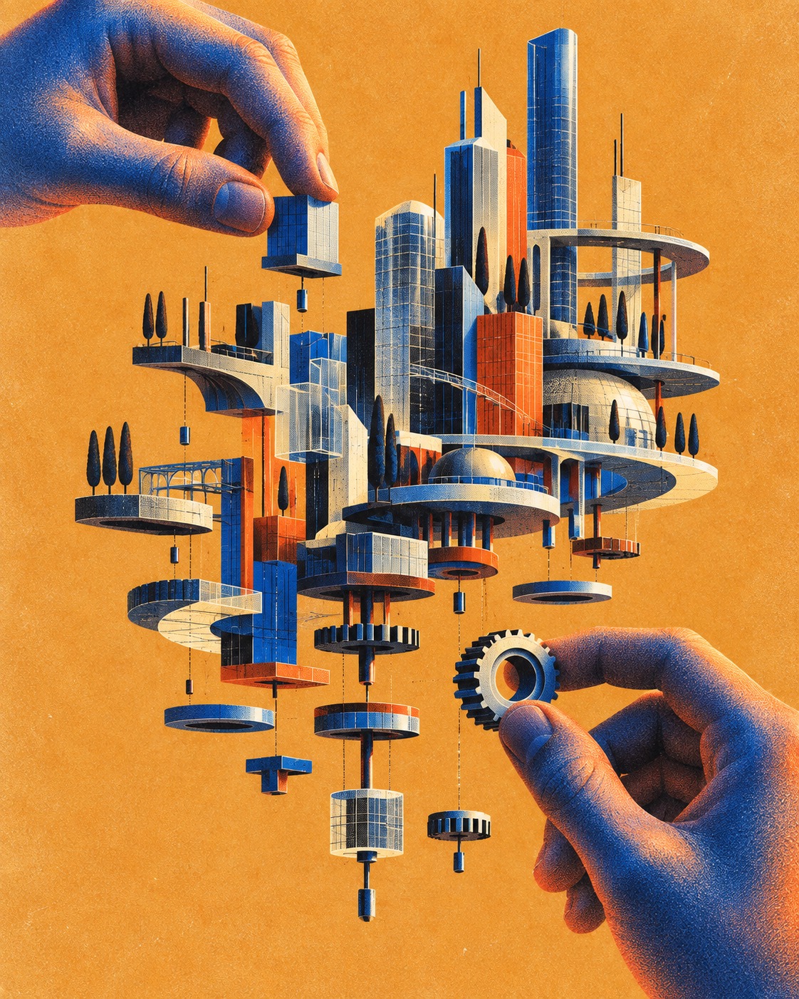 Illustrazione di mani che assemblano una struttura complessa, simbolo della costruzione di un percorso personalizzato